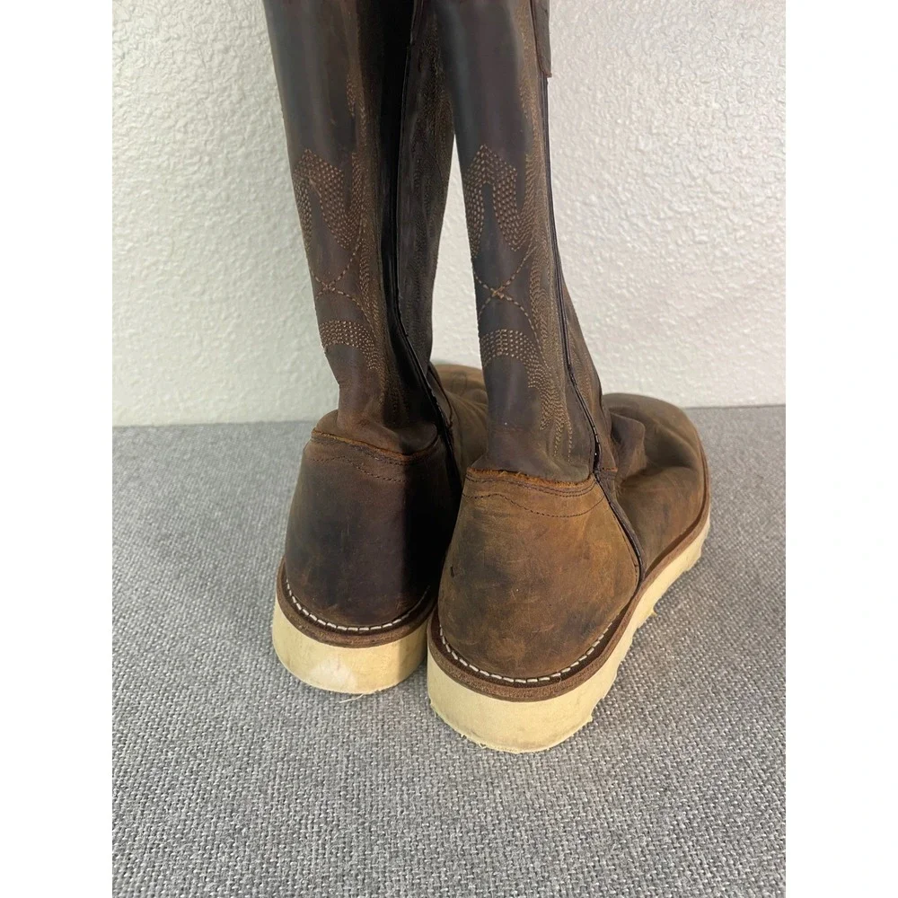 Old West Boys Brown Leather Western Cowboy Boots Square Toe Wedge Sole 4.5D